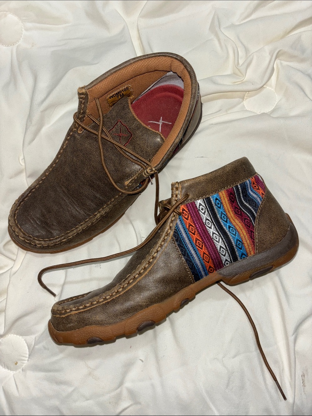 Women’s Brown Leather Driving Mocs with Multicolor Textile Panel